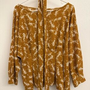 Anthropologie Mustard Yellow White Floral Knit Blouse with cinched waist & belt